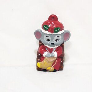 Mouse Knitting Stocking Ornament Christmas 3" Vintage Hand Painted Ceramic